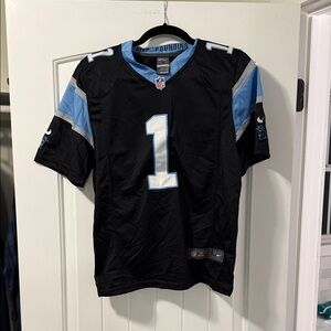 Cam Newton On Field Black and Light Blue Jersey